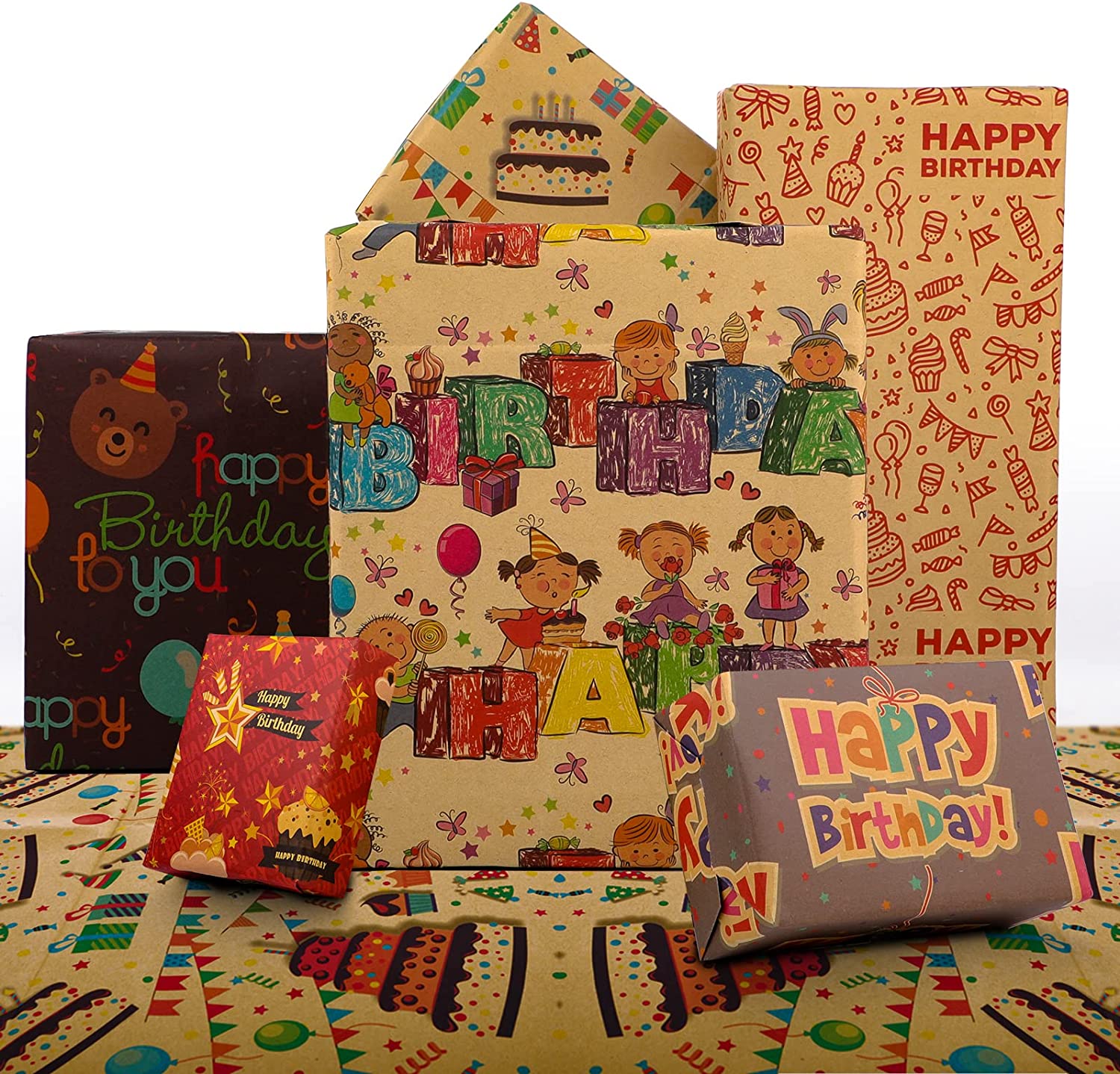 Birthday Wrapping Paper 6 Sheets - Winkio Kraft Paper 70 X 50CM Recycled Paper for Kids Female Men DIY Gift Wrapping Paper for Birthday, Christmas,Howoween Party Supplier